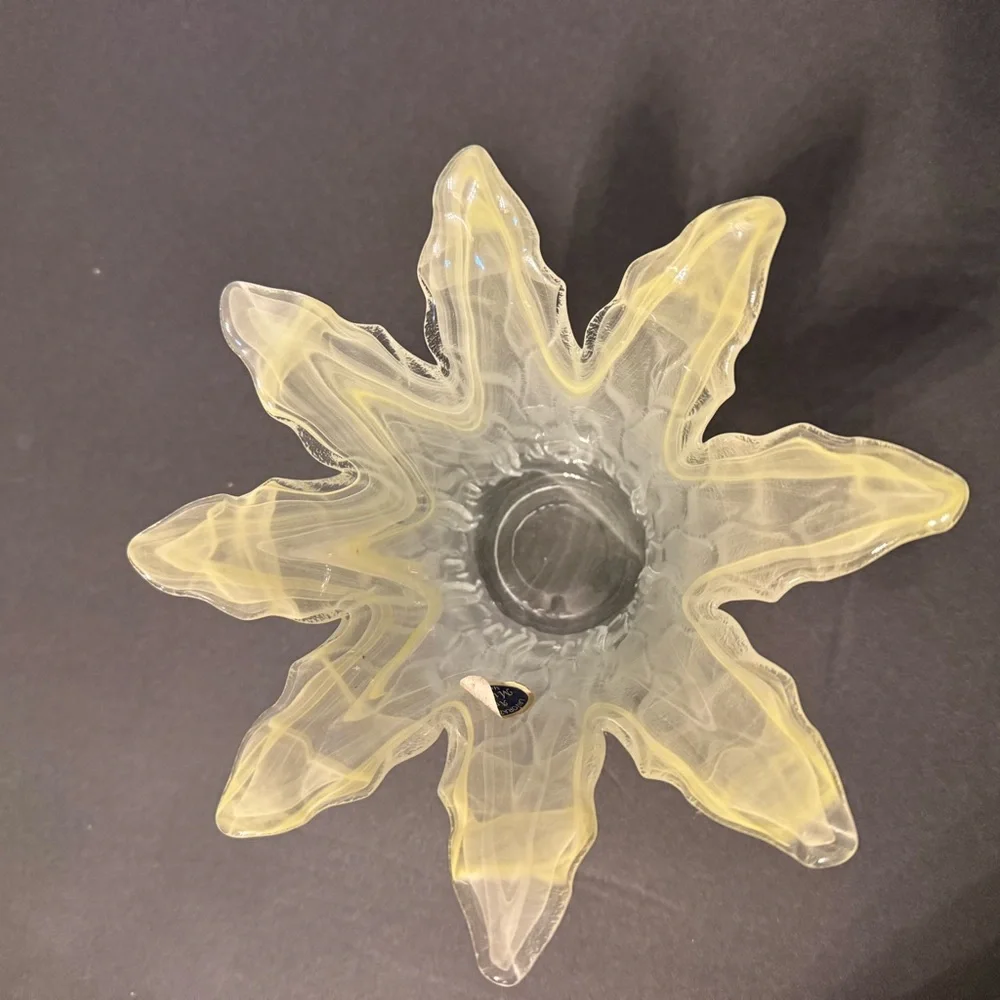 MURANO LAVORAZIONE GLASS VASE HAND BLOWN YELLOW SWIRL VINTAGE MCM HOME DECOR